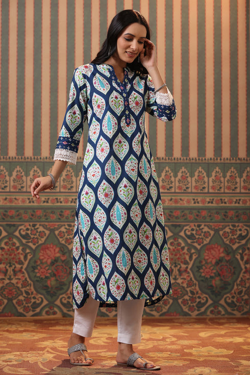 Women Blue Ethnic Motifs Printed Cotton Straight Kurta